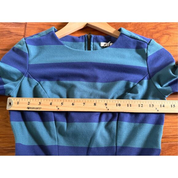 Fossil Blue Rugby Striped Short Sleeve Sheath Dress Crew Neck Back Zip SZ XS - Picture 10 of 12